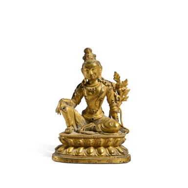 View full screen - View 1 of Lot 140. An inscribed gilt-bronze figure of Avalokiteshvara, Qing dynasty, 18th century.