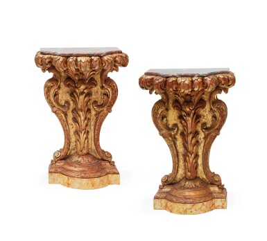 View full screen - View 1 of Lot 125. A PAIR OF CARVED GILTWOOD CONSOLES, LOUIS XV, CIRCA 1730 | PAIRE DE CONSOLES EN BOIS SCULPTÉ ET DORÉ D'ÉPOQUE LOUIS XV, VERS 1730.