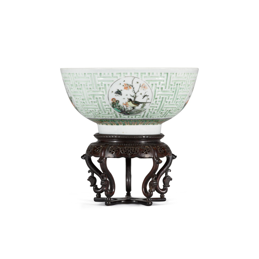 View full screen - View 1 of Lot 121. A rare carved celadon-ground famille-verte medallion bowl, Qing dynasty, Kangxi period | 清康熙 豆青地五彩雕錦紋開光花鳥紋盌.
