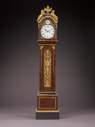 View full screen - View 1 of Lot 95. A George III mahogany and carved giltwood longcase clock, Thomas Mudge and William Dutton, London, circa 1770.