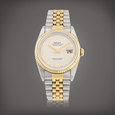 View full screen - View 1 of Lot 660. Datejust 'Pyramid dial', reference 16233 Montre bracelet en acier et or jaune avec date | Stainless steel and yellow gold wristwatch with date and bracelet Vers 1988 | Circa 1988.