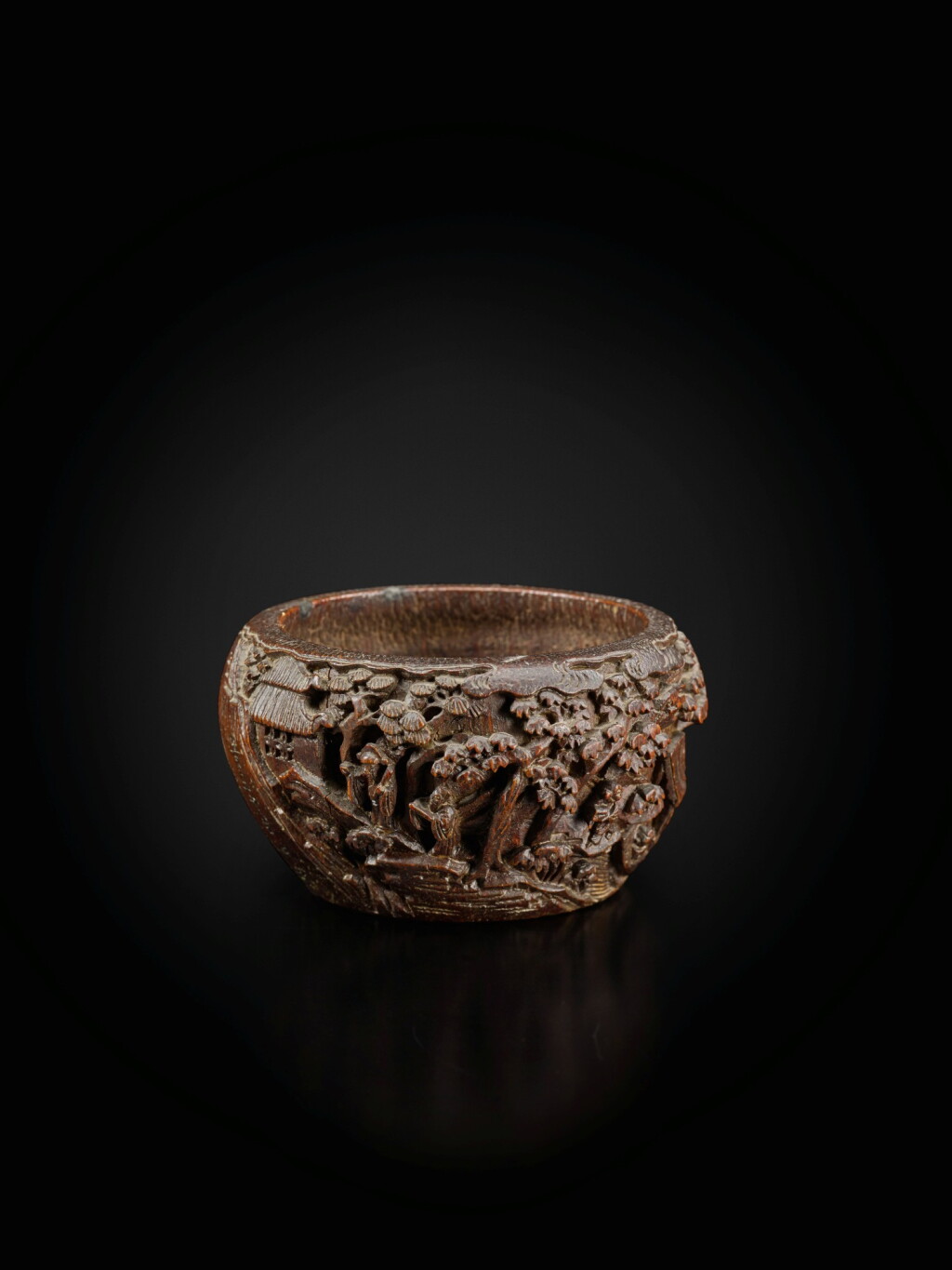 View full screen - View 1 of Lot 149. An inscribed bamboo alm's bowl Qing dynasty, 19th century | 清十九世紀 竹雕訪友圖詩文砵.