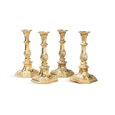View full screen - View 1 of Lot 831. A set of four George II silver-gilt candlesticks from the Pelham-Clinton service, Paul Crespin after a William Kent design, London, 1745.