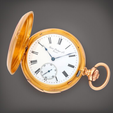 View full screen - View 1 of Lot 355. A pink gold hunting-cased quarter repeating watch with leaver escapement | Made in 1883.