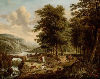 View full screen - View 1 of Lot 40. Wooded landscape with a stag hunt near a waterfall.