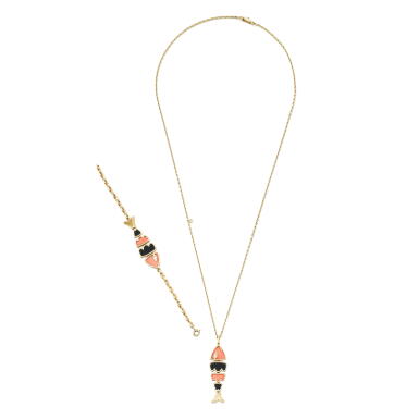 View full screen - View 1 of Lot 142. Coral, onyx and diamond demi-parure.