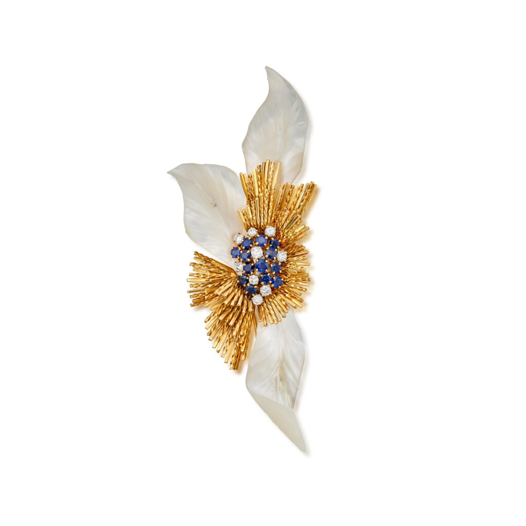 View full screen - View 1 of Lot 228. Gold, Mother-of-Pearl, Sapphire and Diamond Clip-Brooch, France.