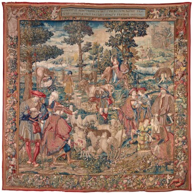 View full screen - View 1 of Lot 9. ROMULUS AND REMUS, A NARRATIVE CLASSICAL TAPESTRY, MADRID, WOVEN BY ARTESANÍA ESPAÑOLA DATED MCMXLI (1941), COPY AFTER A 16TH CENTURY (1525-1530) BRUSSELS CARTOON, FROM THE CIRCLE OF BERNARD VAN ORLEY (CA. 1492-1542), BORDER DESIGN AFTER JOSS VAN LIERE.