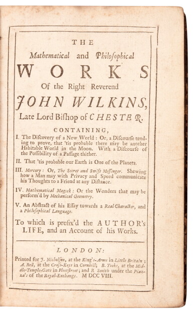 View full screen - View 1 of Lot 178. Wilkins, The Mathematical and Philosophical Works, 1708, contemporary calf.