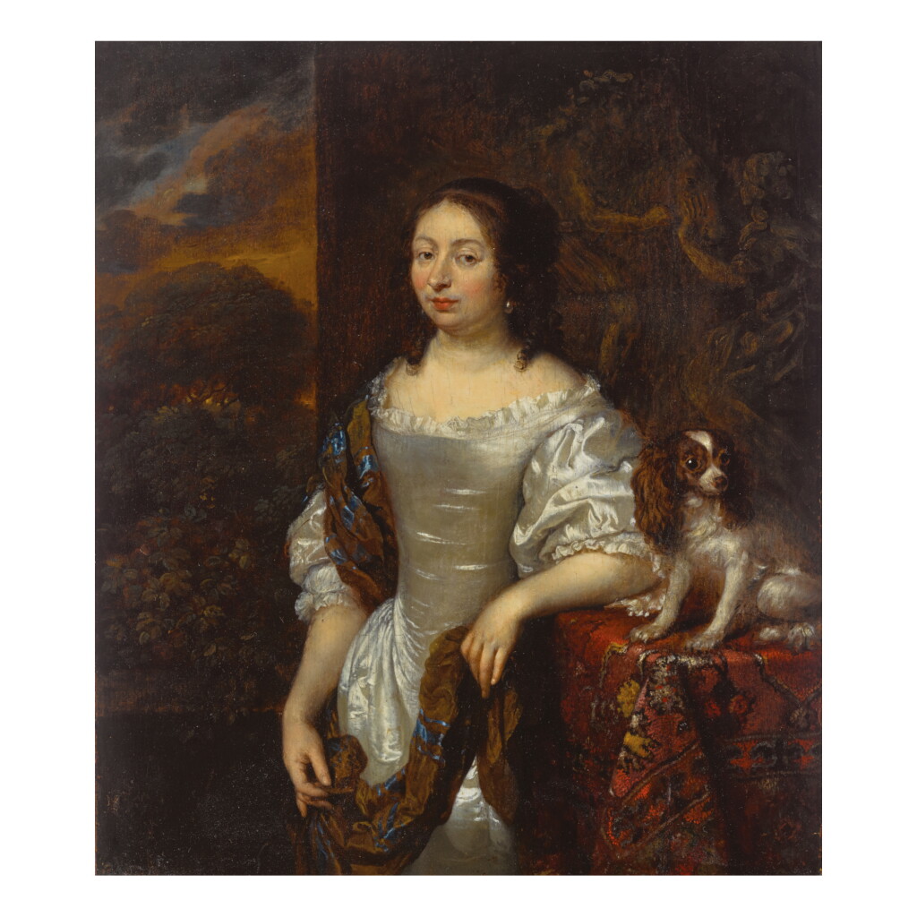 全萤幕检视 - 查看89CASPAR NETSCHER | PORTRAIT OF A LADY, THREE-QUARTER LENGTH, IN A WHITE SATIN DRESS, A SPANIEL ON A TABLE BESIDE HER, A LANDSCAPE BEYOND的1