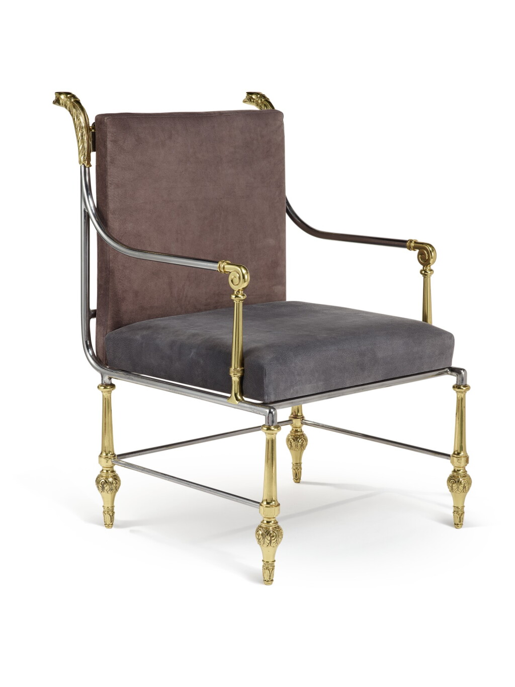 View full screen - View 1 of Lot 260. A FRENCH NEOCLASSICAL GILT BRASS AND POLISHED STEEL ARMCHAIR, FIRST HALF 19TH CENTURY.