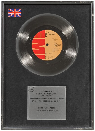 View full screen - View 1 of Lot 155. Queen – Freddie Mercury’s BPI sales award for ‘Bohemian Rhapsody’, 1975.