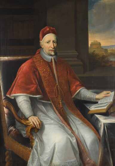 View full screen - View 1 of Lot 22. FOLLOWER OF GIOVANNI BATTISTA GAULLI, CALLED IL BACICCIO | PORTRAIT OF GIULIO ROSPIGLIOSI, POPE CLEMENT IX (1600-1669), THREE-QUARTER-LENGTH, WITH A VIEW OF CASTEL SANT'ANGELO IN THE BACKGROUND.