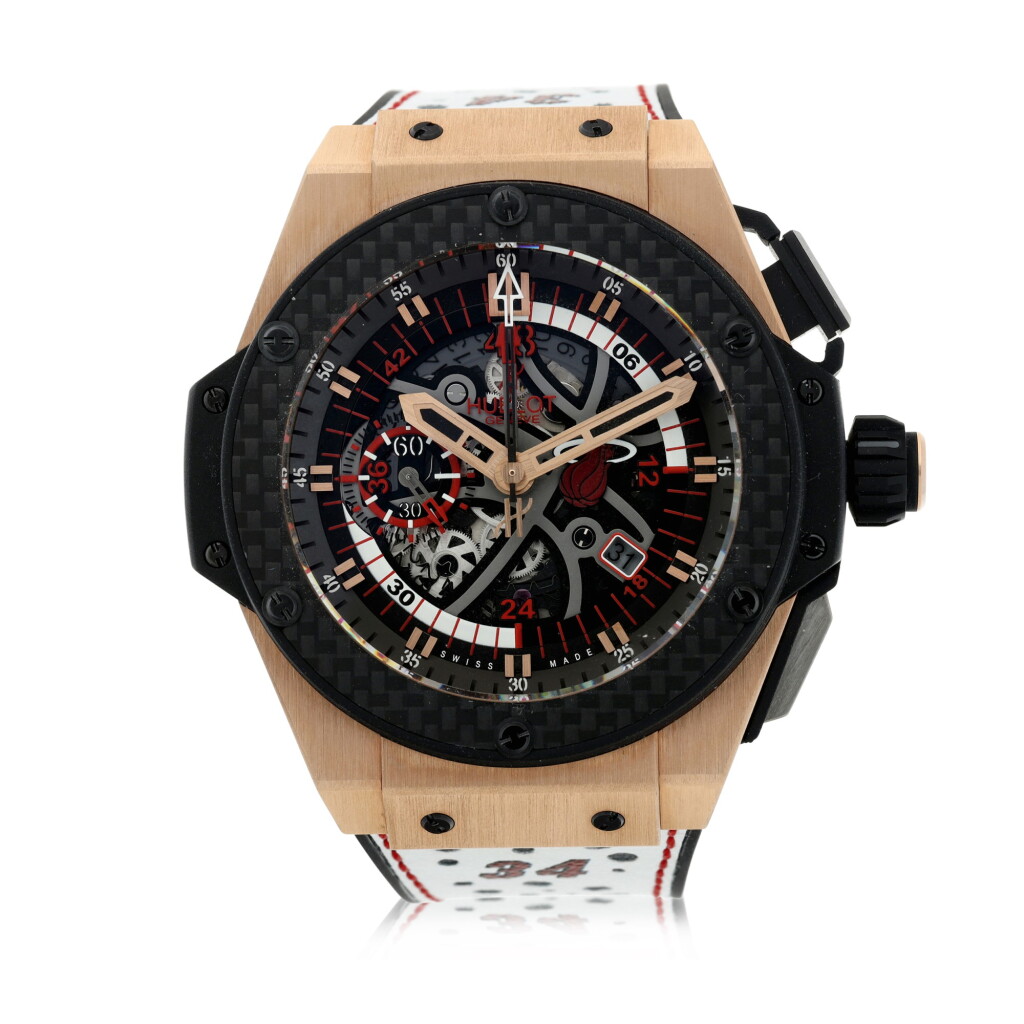View full screen - View 1 of Lot 2. Piece Unique King Power 'Ray Allen' A unique pink gold and titanium automatic chronograph wristwatch with date and signed presentation box, made in collaboration with Ray Allen to raise money for diabetes research in 2014.