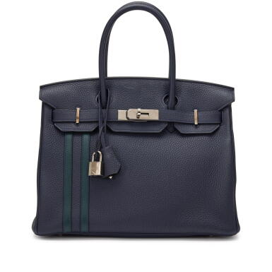 View full screen - View 1 of Lot 102. Limited Edition Bleu Nuit Togo and Vert Cypres Swift Officier Birkin 30 Palladium Hardware, 2018.