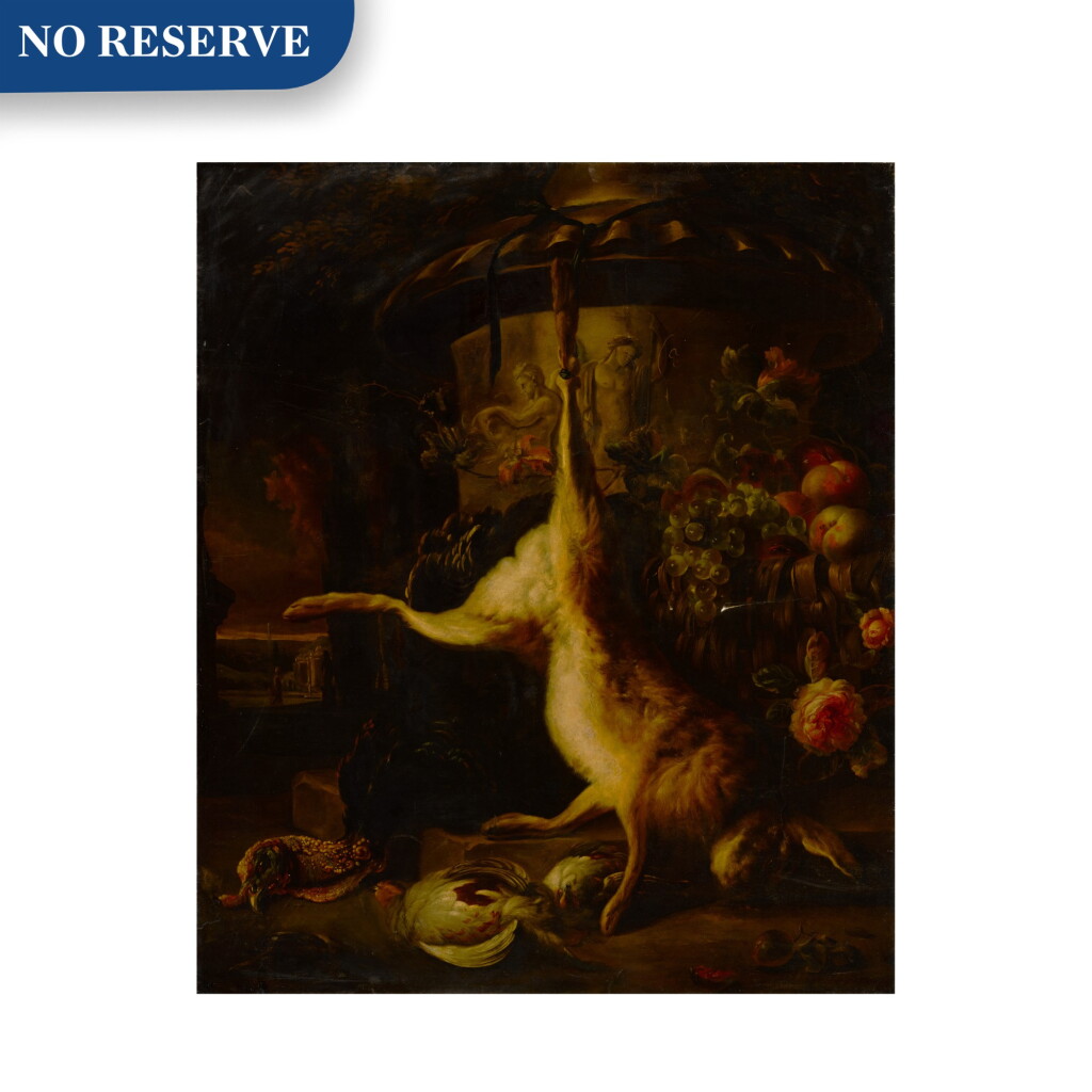Voir en plein écran - Voir 1 du lot 84. Still life of a hare, a turkey, and game birds with fruit and flowers, beside a large urn in a landscape.