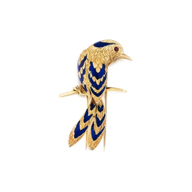 View full screen - View 1 of Lot 379. Cartier | Broche émail, rubis et or | Enamel, ruby and gold brooch.