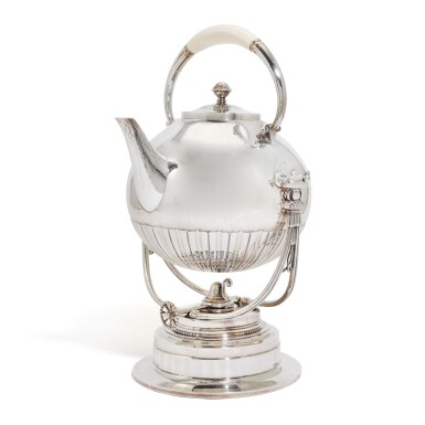 View full screen - View 1 of Lot 44. A Georg Jensen Cosmos pattern silver tea kettle, stand and burner, designed by Johan Rohde, Copenhagen, 1945-51.