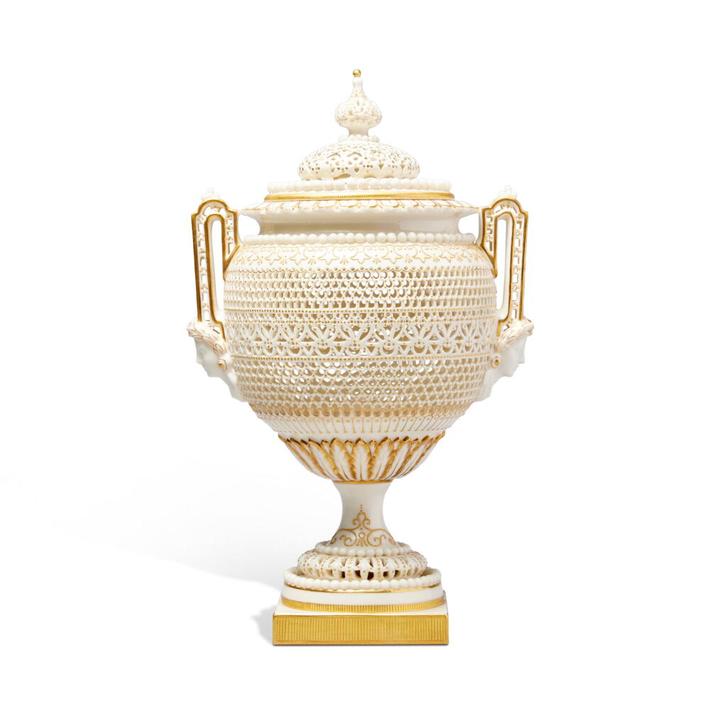 View full screen - View 1 of Lot 251. A Royal Worcester Porcelain Reticulated Two-Handled Vase and Cover by George Owen, 1908.