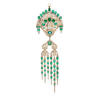 View full screen - View 1 of Lot 182. Emerald and diamond pendant/ brooch.