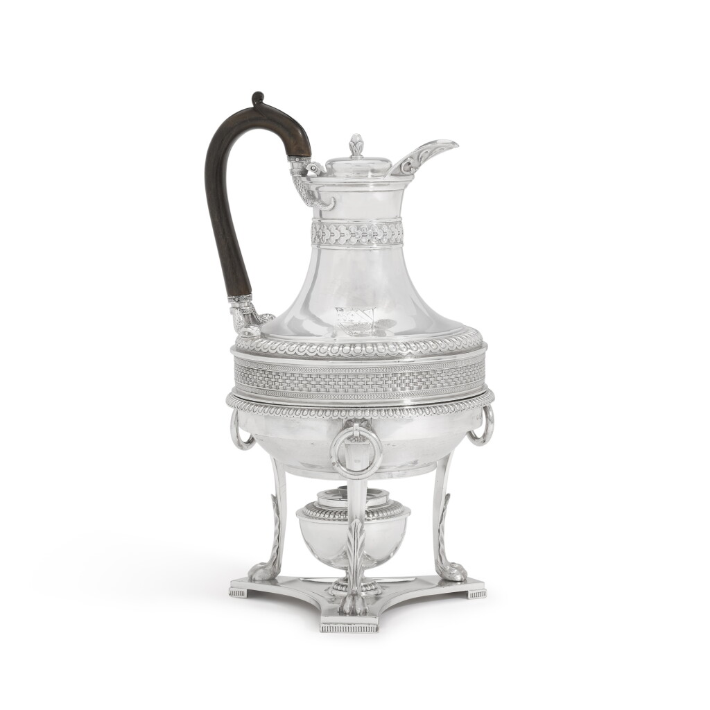 View full screen - View 1 of Lot 166. A George III silver coffee pot and burner stand, Paul Storr, London, 1806.