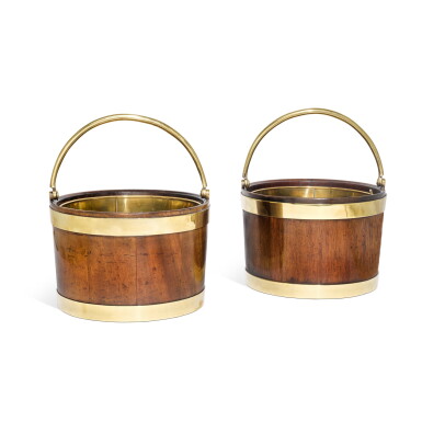 View full screen - View 1 of Lot 56. A pair of Regency brass-bound mahogany buckets, early 19th century.