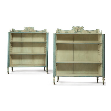 View full screen - View 1 of Lot 329. A PAIR OF REGENCY STYLE BLUE AND WHITE PAINTED ETAGERES.