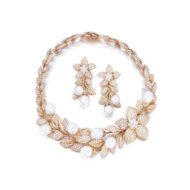 View full screen - View 1 of Lot 559. Cultured pearl and diamond demi-parure.