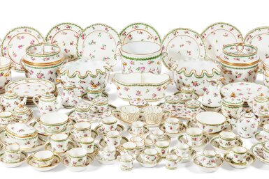 View full screen - View 1 of Lot 55. An Extensive Assembled Sèvres and French Porcelain roses et feuillage-Pattern Part Dinner, Dessert and Tea Service, Mostly Second-Half 18th Century | Service de table, à dessert et services à thé composites, modèle "roses et feuillages" en porcelaine de Sèvres et en porcelaine, en majorité deuxième moitié du XVIIIe siècle.