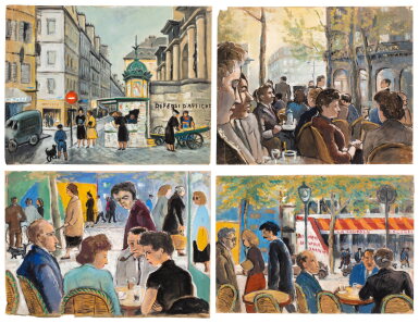 View full screen - View 1 of Lot 136. Four Paris Street Scenes | Quatre scènes de rues parisiennes.