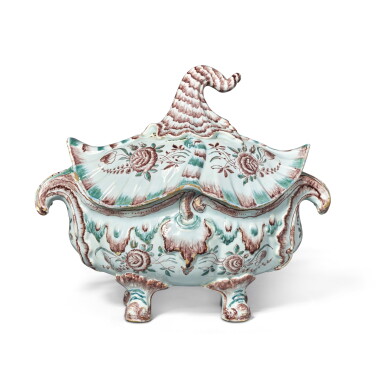 View full screen - View 1 of Lot 37. A Dutch Delft Manganese, Green and White Rococo Oval Tureen and Cover, Mid-18th Century.