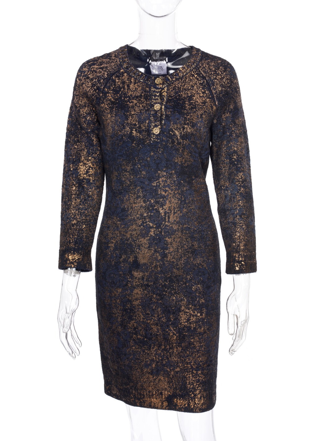 View full screen - View 1 of Lot 7. BLUE, BLACK AND METALLIC CACHEMIRE-BLEND KNIT DRESS, CHANEL.