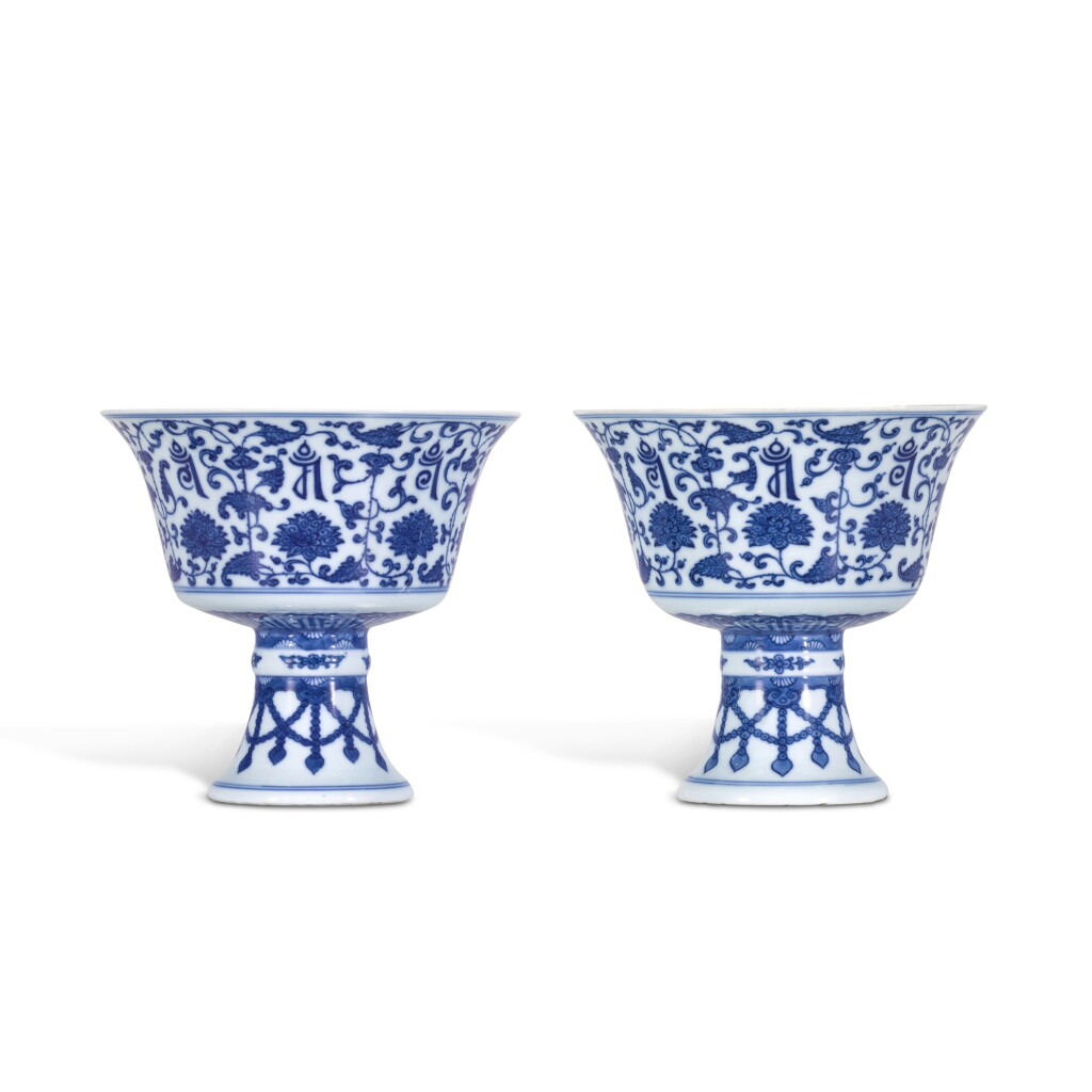 View full screen - View 1 of Lot 20. A pair of blue and white 'lança' stem cups, Seal marks and period of Qianlong.