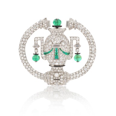 View full screen - View 1 of Lot 1048. Emerald, diamond and enamel lapel watch, 1920s.