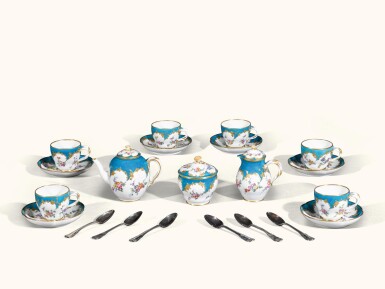 View full screen - View 1 of Lot 17. A Vincennes bleu céleste cased presentation service, 1755-6.