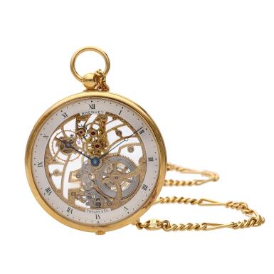 View full screen - View 1 of Lot 171. Reference 1760, Retailed by Tiffany & Co.: A yellow gold skeletonized open face watch, Circa 1990.