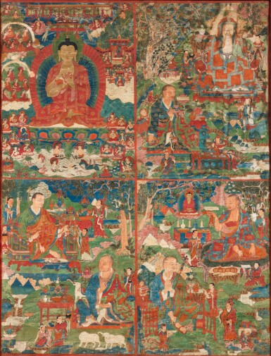 View full screen - View 1 of Lot 6. A rare thangka depicting Buddha Shakyamuni with arhats, Tibet, 16th century | 西藏 十六世紀 釋迦牟尼佛及羅漢唐卡 設色布本.