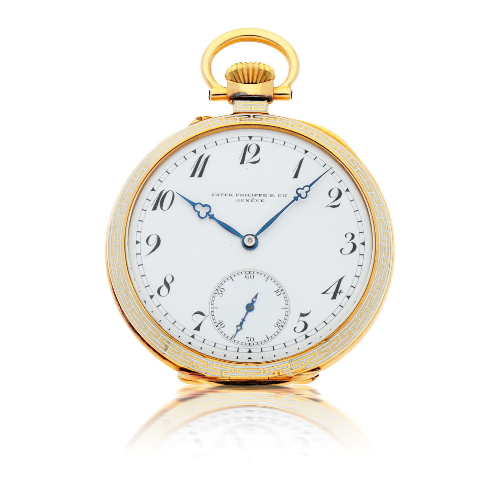 View full screen - View 1 of Lot 163. YELLOW GOLD AND WHITE ENAMEL OPEN-FACED WATCH WITH WHITE ENAMEL DIAL MADE IN 1908.