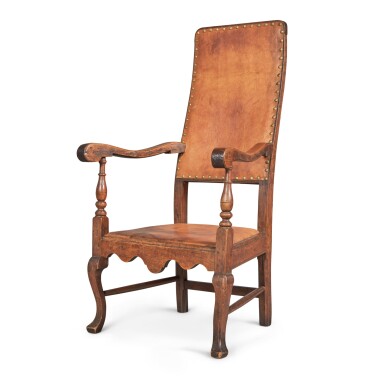 View full screen - View 1 of Lot 158. Very Rare Queen Anne Leather-Upholstered Walnut Open Armchair, Southeastern Pennsylvania, Circa 1760.