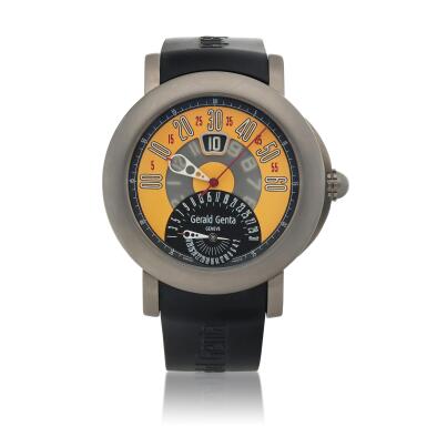 View full screen - View 1 of Lot 91. Arena BiRetro, Ref. BSP.Y.80 Titanium jumping hour wristwatch with retrograde minutes, date and bracelet Circa 2006.