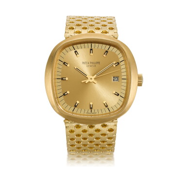 View full screen - View 1 of Lot 1201. PATEK PHILIPPE | BETA 21, REF 3597/2, LARGE YELLOW GOLD CUSHION-FORM BRACELET WATCH WITH DATE MADE IN 1974.