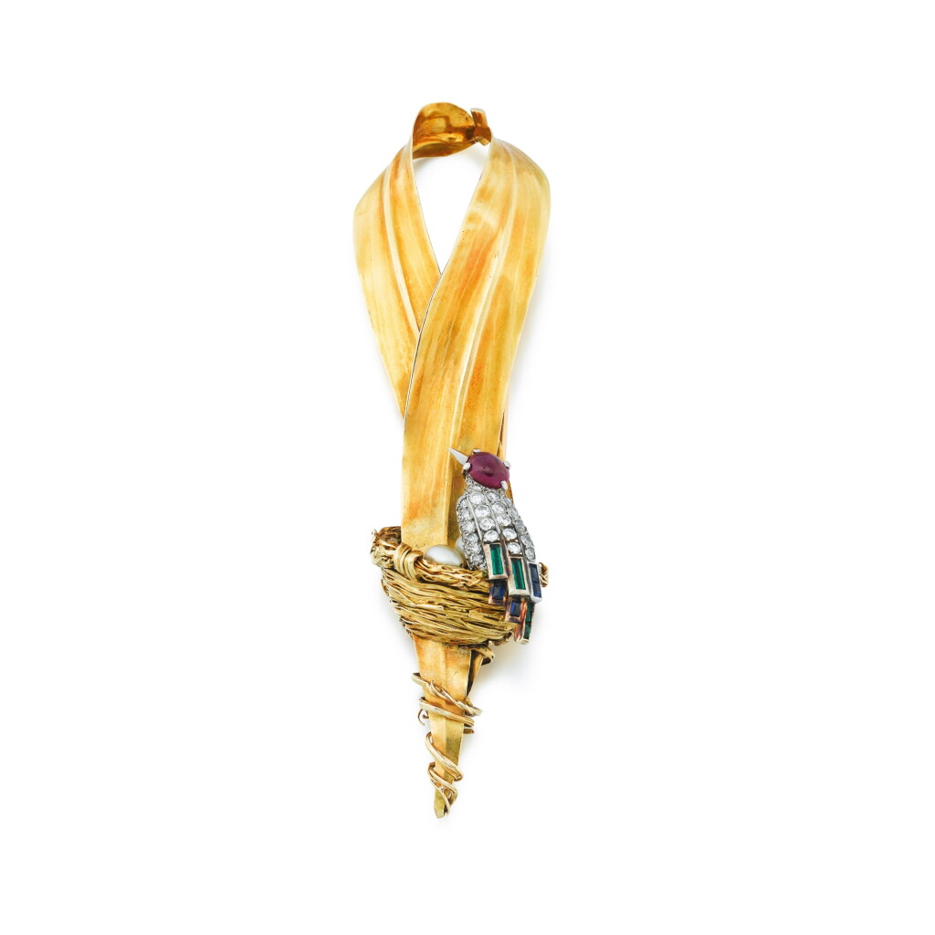 View full screen - View 1 of Lot 175. Colored stone, cultured pearl and diamond brooch.