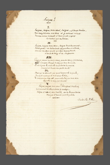 View full screen - View 1 of Lot 8. BARBEY D'AUREVILLY. Saigne ! Poème autographe signé. Curieux poème avec taches évoquant du sang..
