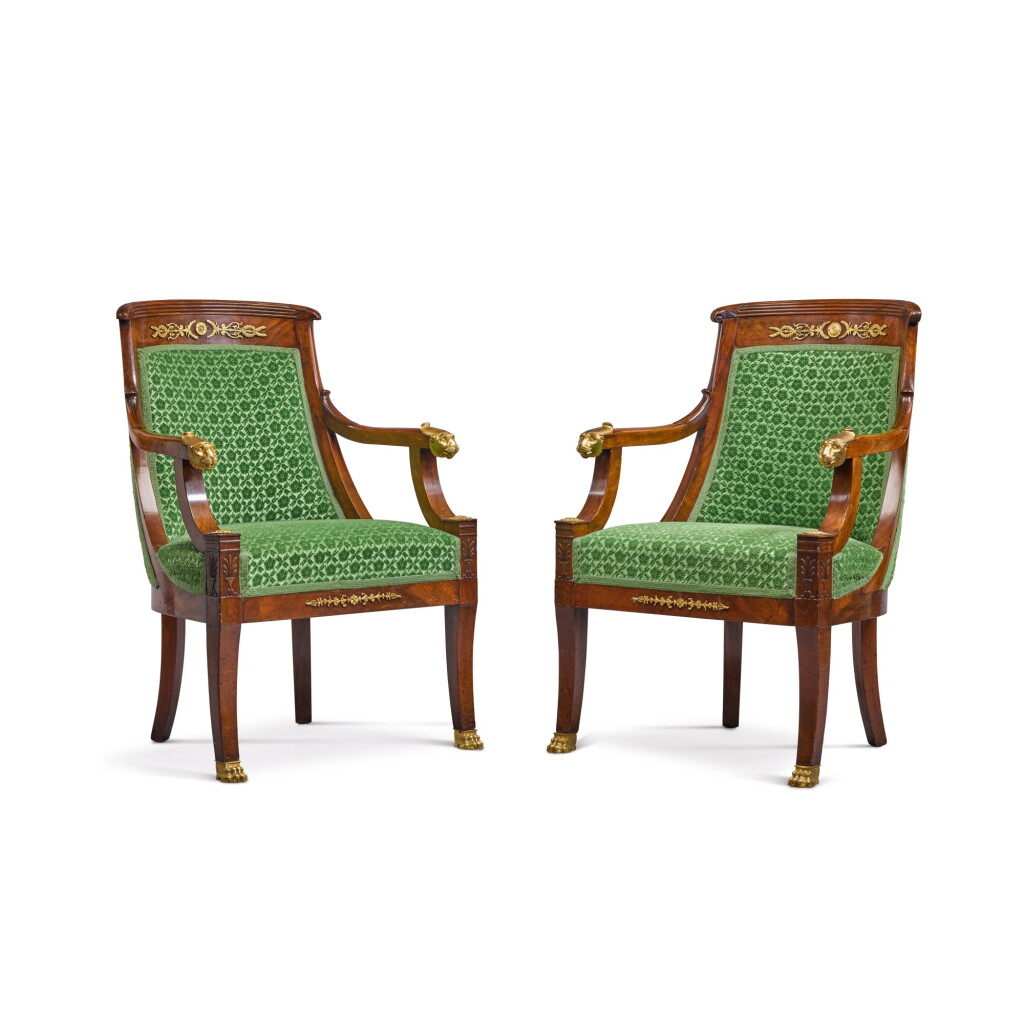 View full screen - View 1 of Lot 60. A pair of late Empire gilt-bronze mounted mahogany fauteuils by Etienne Francois Quenne, circa 1815.