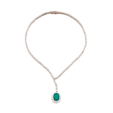 View full screen - View 1 of Lot 966. Emerald and diamond necklace.