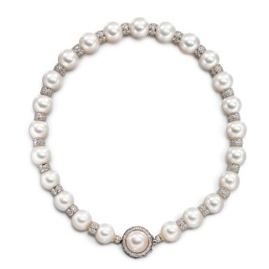 View full screen - View 1 of Lot 584. Cultured Pearl and Diamond Necklace | 養殖珍珠 及 鑽石 項鏈.