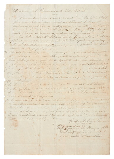 View full screen - View 1 of Lot 312. Giuseppe Garibaldi | Autograph manuscript orders, to Zambianchi, May 1860 .