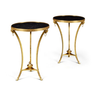 View full screen - View 1 of Lot 466. A Pair of Neoclassical Style Gilt-Bronze Gueridons with Black Marble tops, 19th Century.