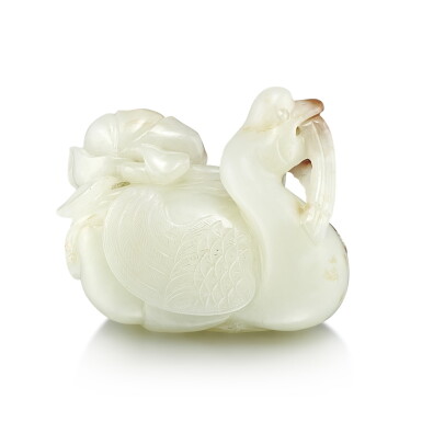View full screen - View 1 of Lot 490. A white and russet jade 'goose and lotus' group Qing dynasty, 18th century 清十八世紀 白玉寶鵝銜荷.