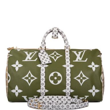 View full screen - View 1 of Lot 121. Louis Vuitton Khaki Green Keepall Bandoulière 50 of Giant Monogram Canvas with Polished Brass Hardware .